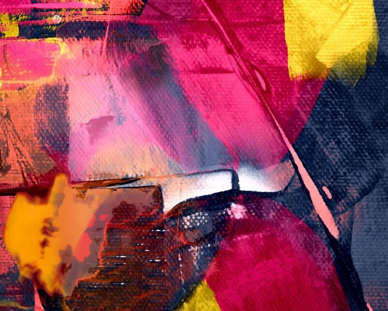 Abstract painting with bold, sweeping brushstrokes in pink, yellow and navy