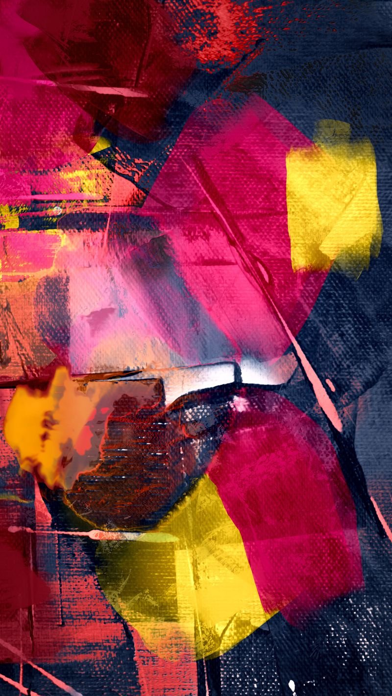 Abstract painting with bold, sweeping brushstrokes in pink, yellow and navy