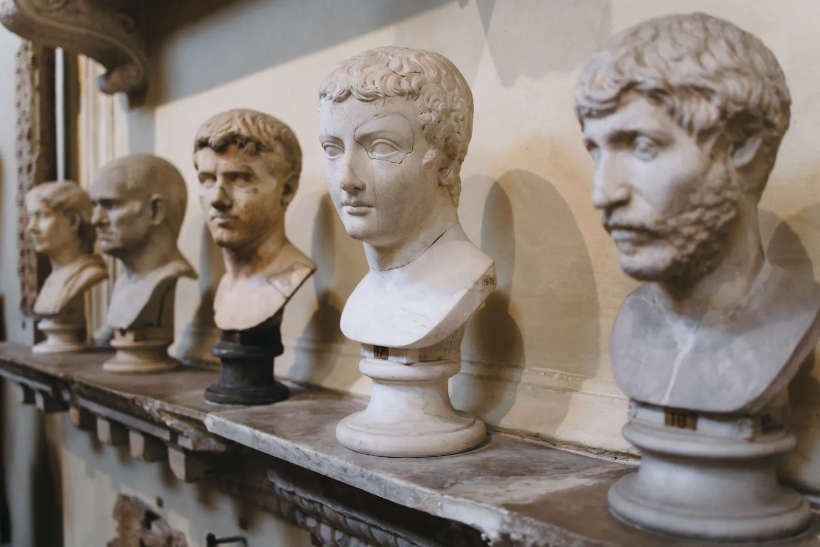 A row of Roman marble portrait busts