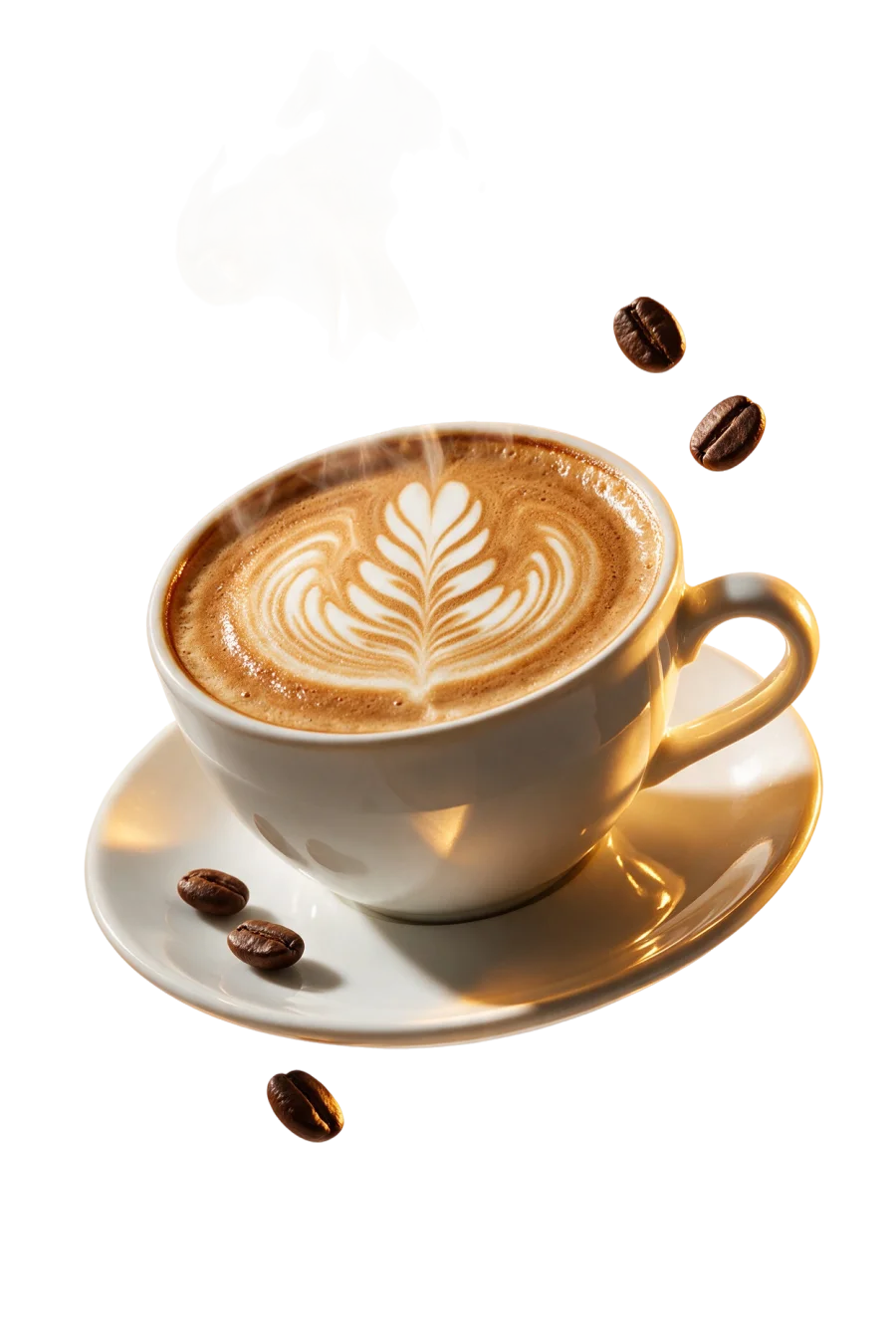 Cappuccino cup on a saucer with rosetta latte art, steam rising