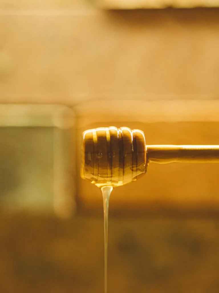 Honey dripping from a wooden dipper on a sunny farm morning