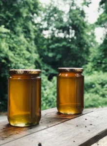 Two honey jars in a forest setting