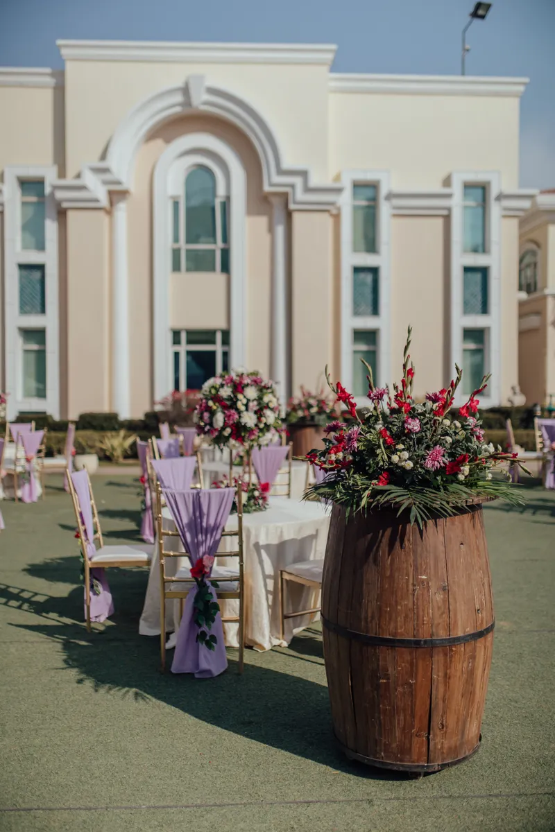 Outdoor wedding venue with floral decor