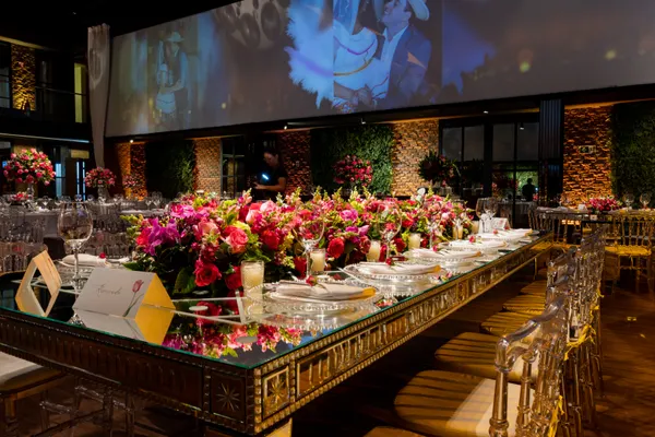 Ballroom reception with floral table settings