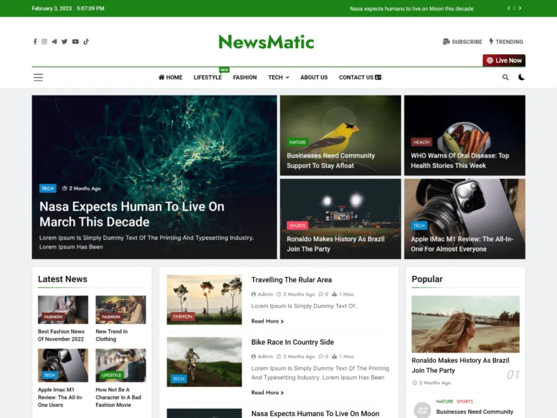 Newsmatic free WordPress theme for news website
