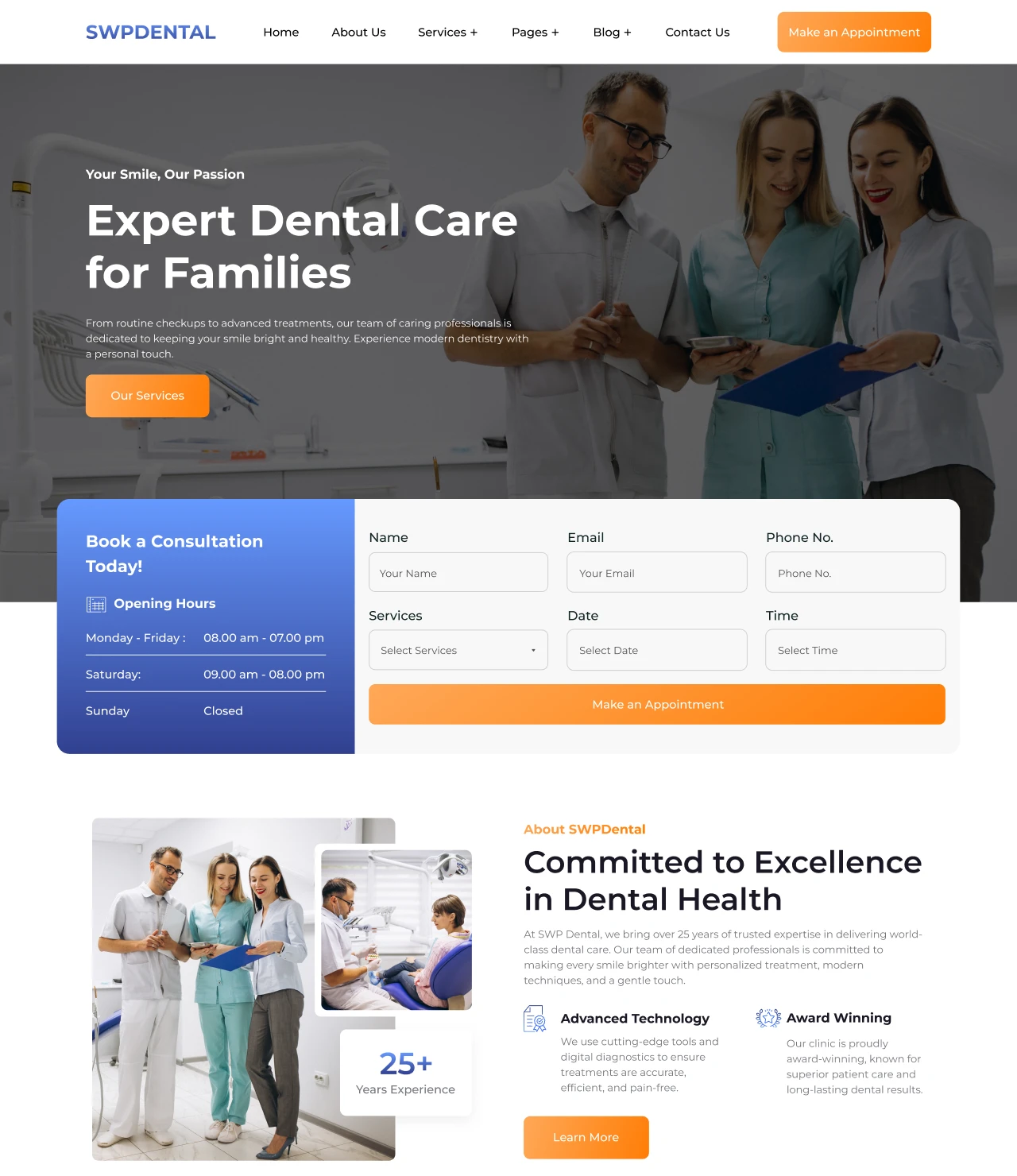 SWP Dental Clinic free WordPress theme for a dental practice